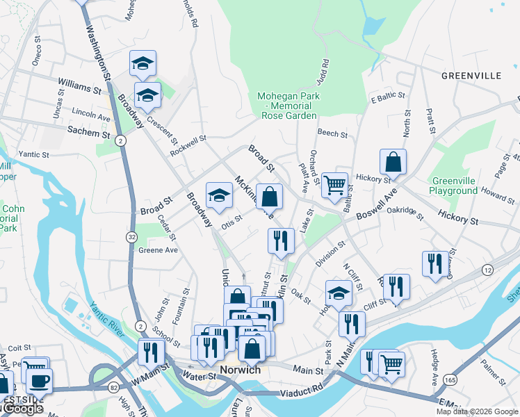 map of restaurants, bars, coffee shops, grocery stores, and more near 50 McKinley Avenue in Norwich
