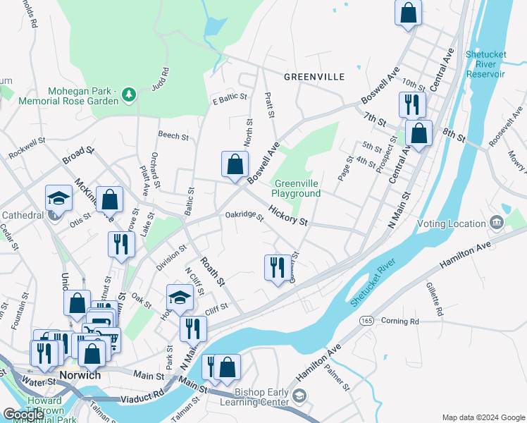 map of restaurants, bars, coffee shops, grocery stores, and more near 105 Hickory Street in Norwich