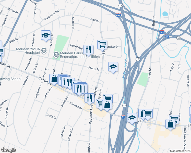 map of restaurants, bars, coffee shops, grocery stores, and more near 113 Horton Avenue in Meriden