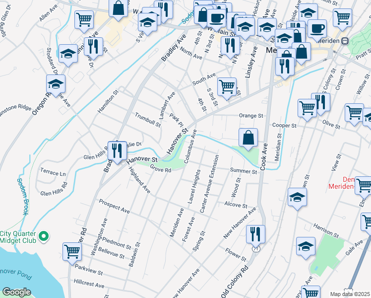 map of restaurants, bars, coffee shops, grocery stores, and more near 54 Columbus Avenue in Meriden