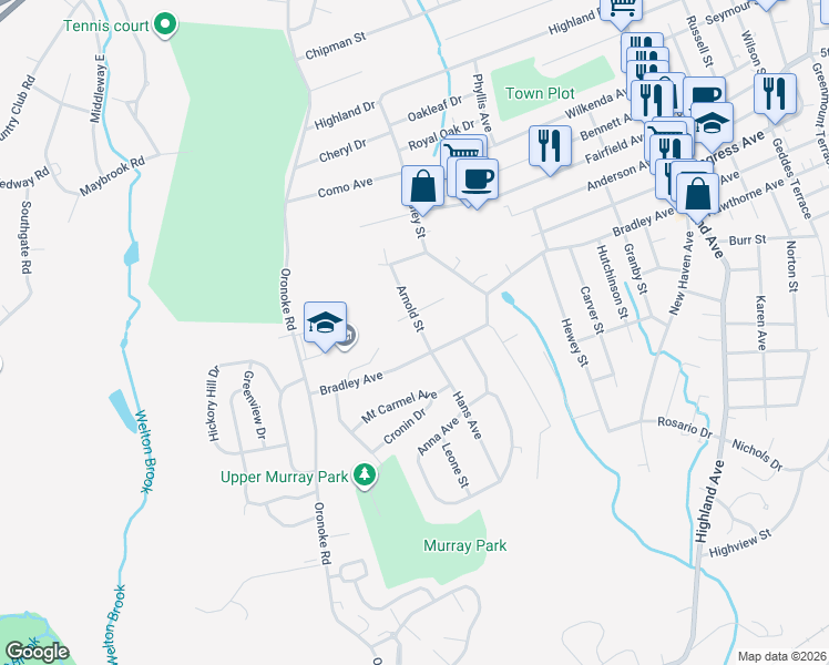 map of restaurants, bars, coffee shops, grocery stores, and more near 33 Arnold Street in Waterbury