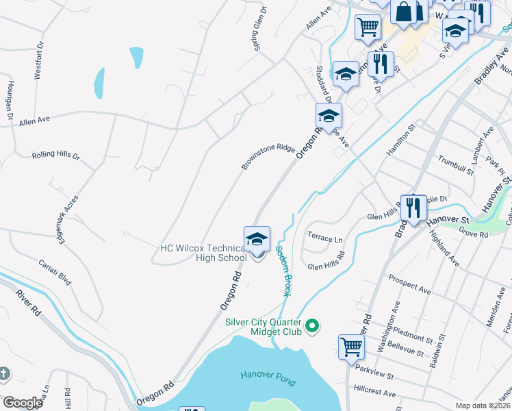 map of restaurants, bars, coffee shops, grocery stores, and more near 187 Oregon Road in Meriden