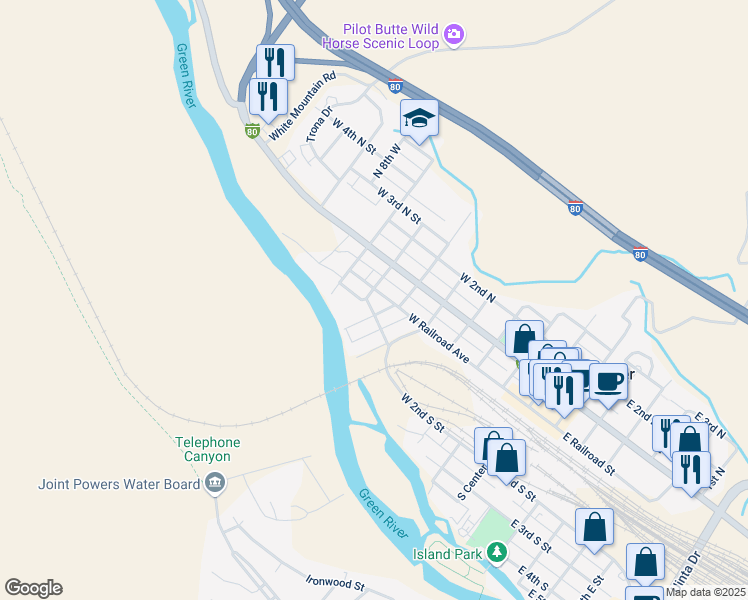 map of restaurants, bars, coffee shops, grocery stores, and more near 582 W Railroad Ave in Green River