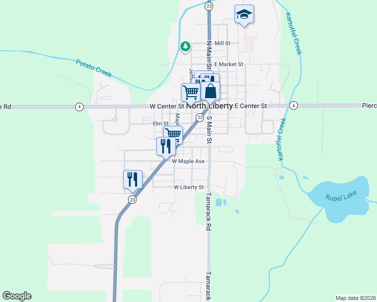 map of restaurants, bars, coffee shops, grocery stores, and more near 103 West Wabash Avenue in North Liberty