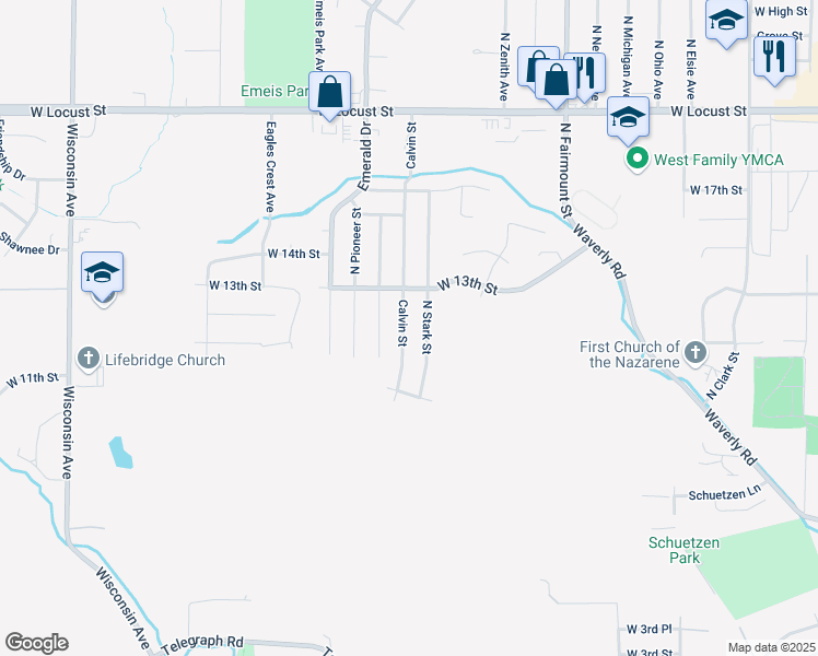 map of restaurants, bars, coffee shops, grocery stores, and more near 1139 Calvin Street in Davenport