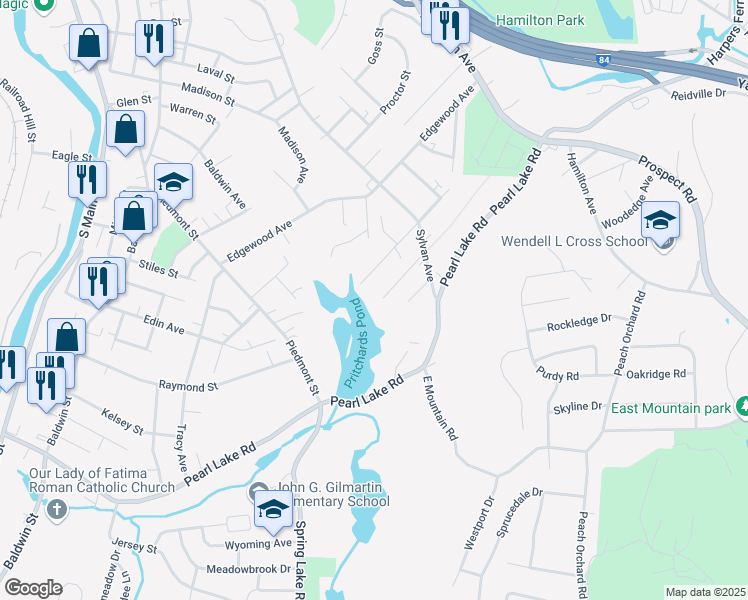 map of restaurants, bars, coffee shops, grocery stores, and more near 212 Allen Street in Waterbury