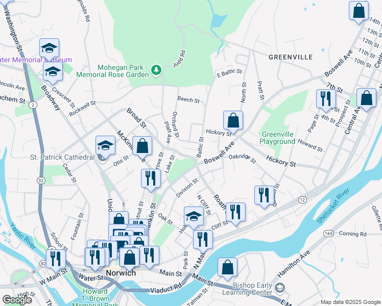 map of restaurants, bars, coffee shops, grocery stores, and more near 244 Broad Street in Norwich