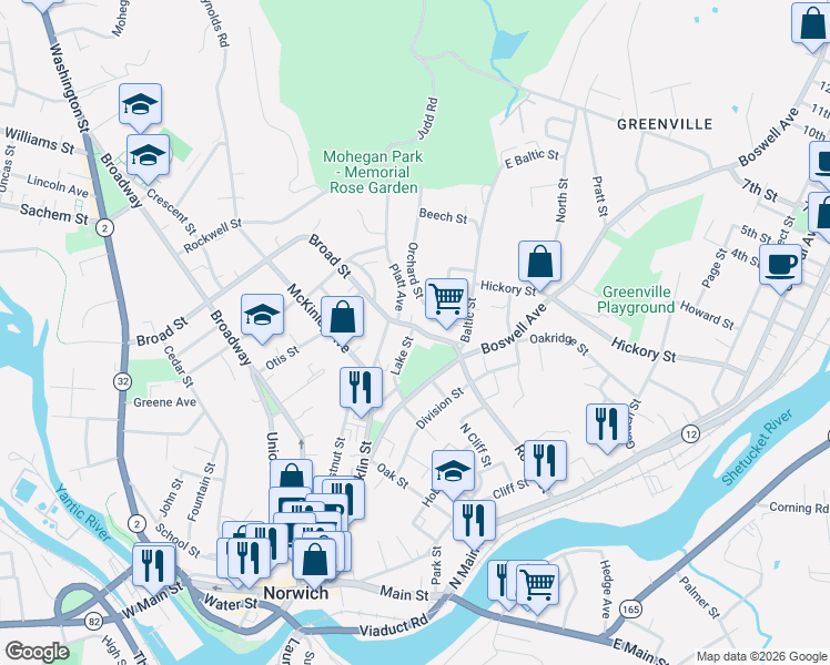 map of restaurants, bars, coffee shops, grocery stores, and more near 45 Grove Street in Norwich