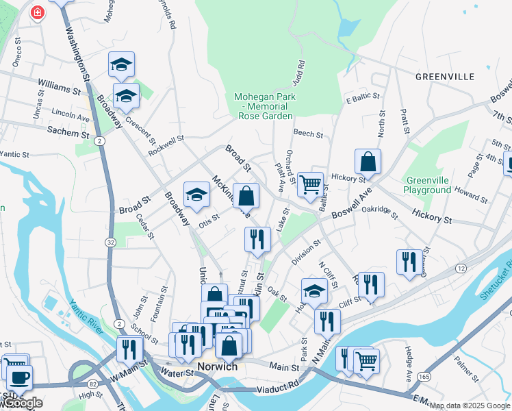 map of restaurants, bars, coffee shops, grocery stores, and more near 46 Freeman Avenue in Norwich