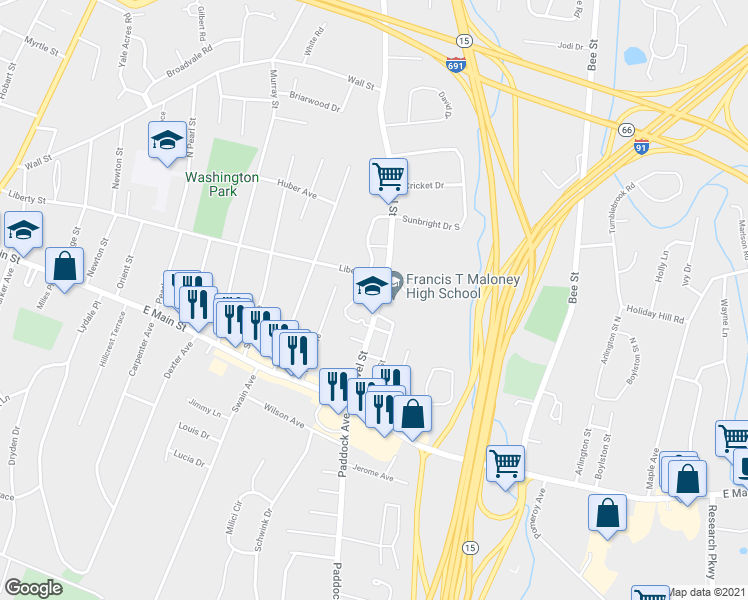map of restaurants, bars, coffee shops, grocery stores, and more near in Meriden