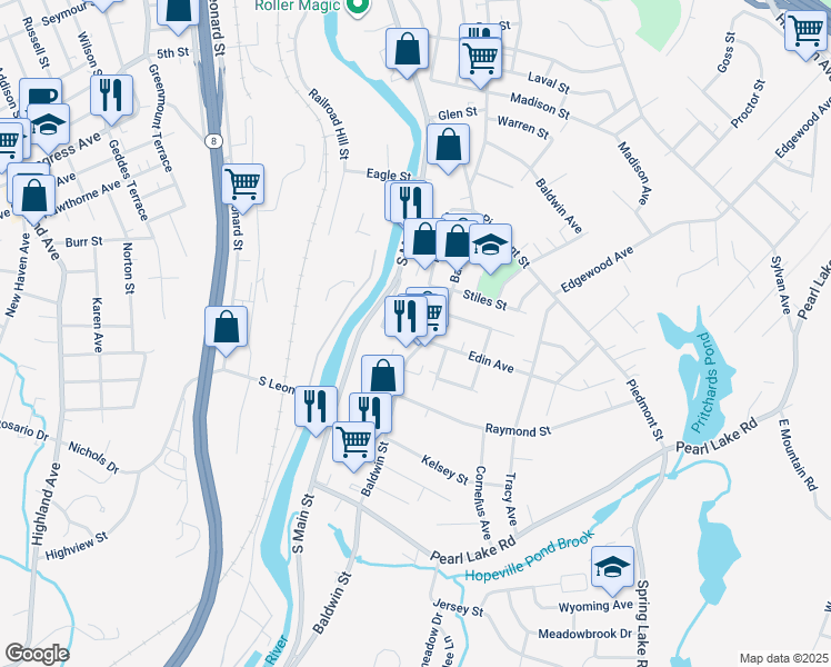 map of restaurants, bars, coffee shops, grocery stores, and more near 13 Simons Avenue in Waterbury
