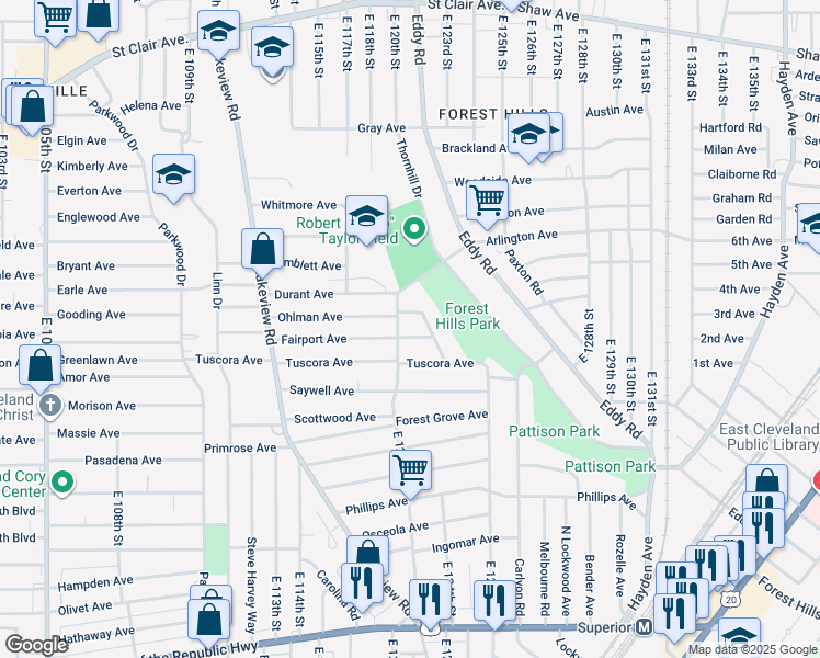 map of restaurants, bars, coffee shops, grocery stores, and more near 915 East 123rd Street in Cleveland