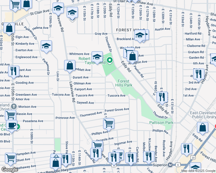 map of restaurants, bars, coffee shops, grocery stores, and more near 915 East 123rd Street in Cleveland
