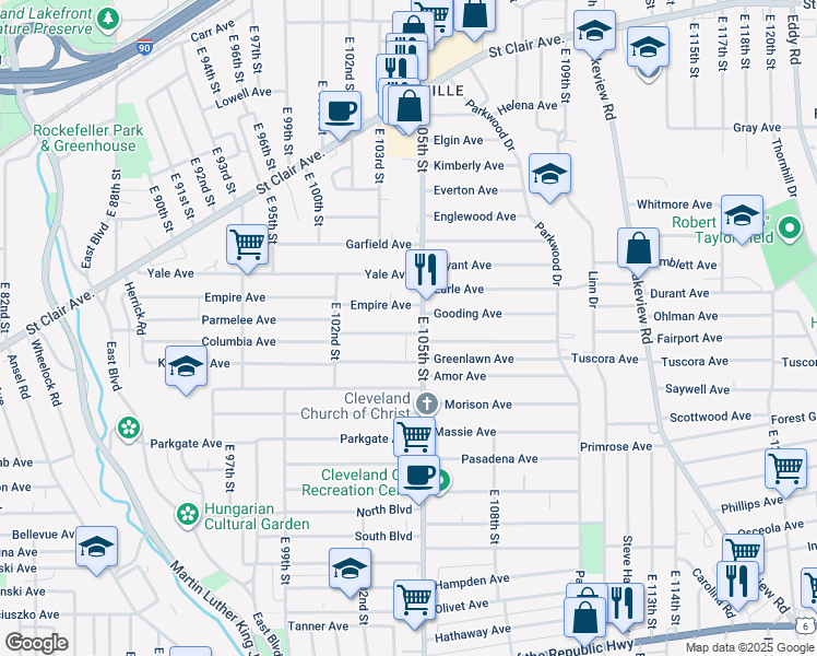 map of restaurants, bars, coffee shops, grocery stores, and more near East 104th Place in Cleveland