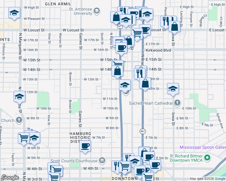 map of restaurants, bars, coffee shops, grocery stores, and more near 404 West 12th Street in Davenport