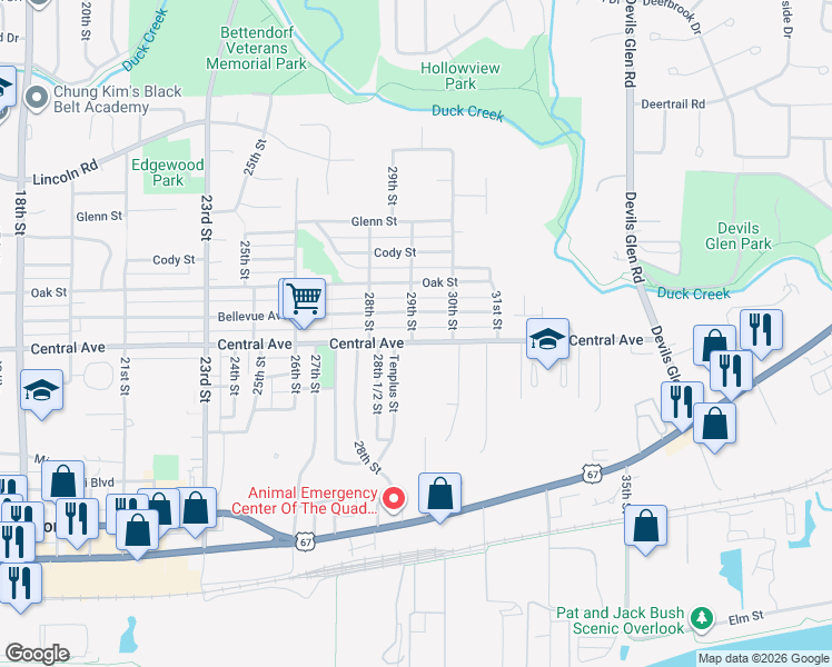 map of restaurants, bars, coffee shops, grocery stores, and more near 2904 Central Avenue in Bettendorf