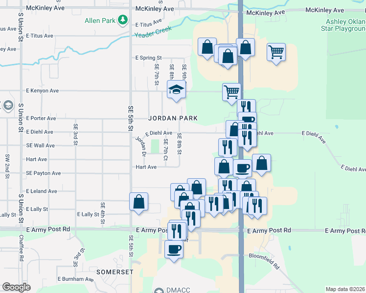 map of restaurants, bars, coffee shops, grocery stores, and more near 5721 Southeast 8th Street in Des Moines