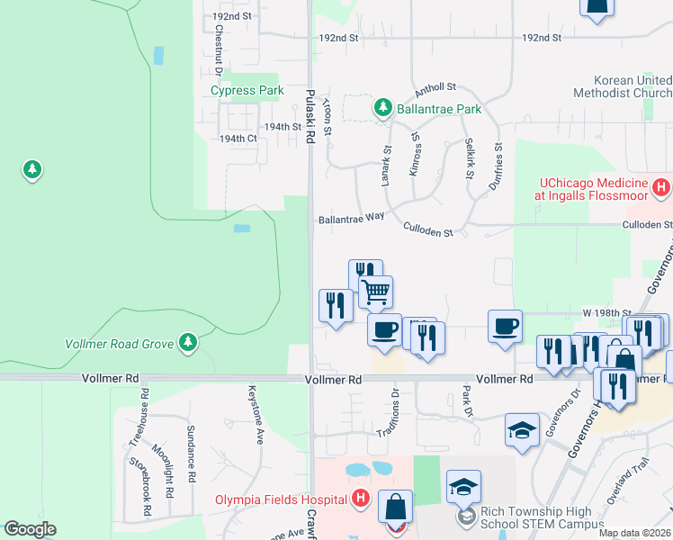 map of restaurants, bars, coffee shops, grocery stores, and more near 19611 Crawford Avenue in Flossmoor