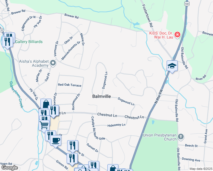map of restaurants, bars, coffee shops, grocery stores, and more near 122 Dogwood Lane in Newburgh