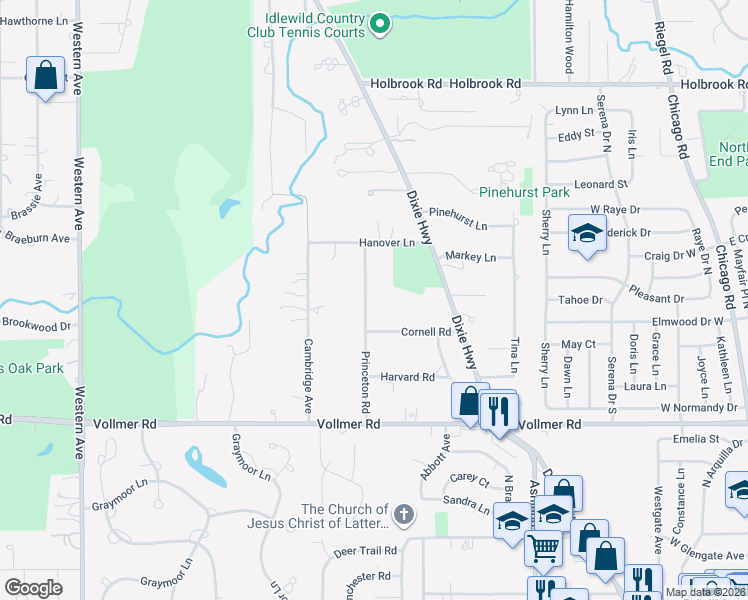 map of restaurants, bars, coffee shops, grocery stores, and more near 1639 Princeton Road in Flossmoor