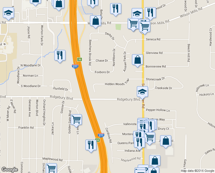 map of restaurants, bars, coffee shops, grocery stores, and more near 6554 Hidden Woods Trail in Cleveland