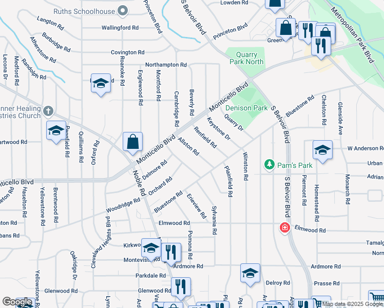 map of restaurants, bars, coffee shops, grocery stores, and more near 1054 Allston Road in Cleveland Heights