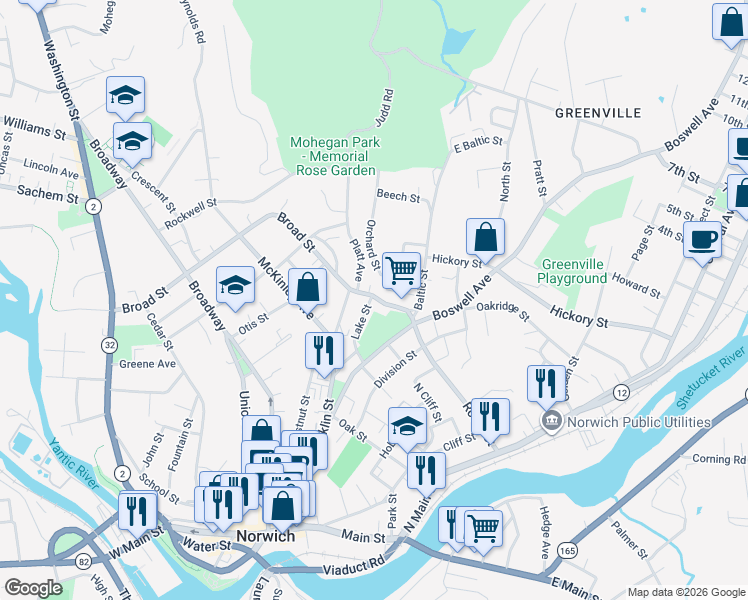 map of restaurants, bars, coffee shops, grocery stores, and more near 45 Grove Street in Norwich
