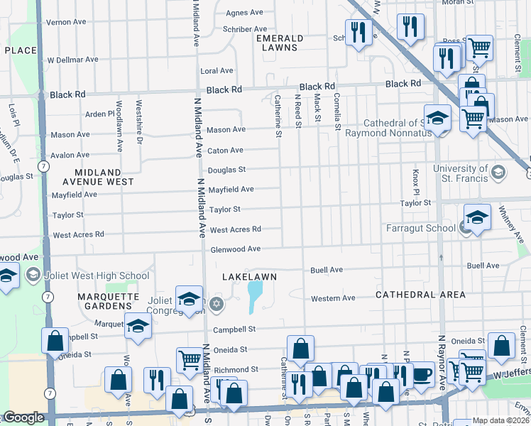 map of restaurants, bars, coffee shops, grocery stores, and more near 1208 Taylor Street in Joliet