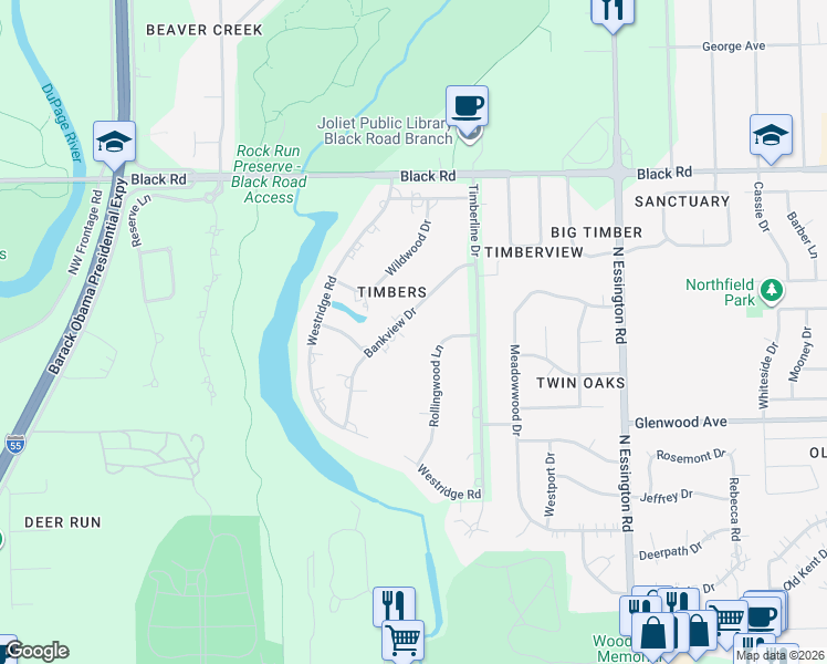 map of restaurants, bars, coffee shops, grocery stores, and more near 3510 Bankview Drive in Joliet