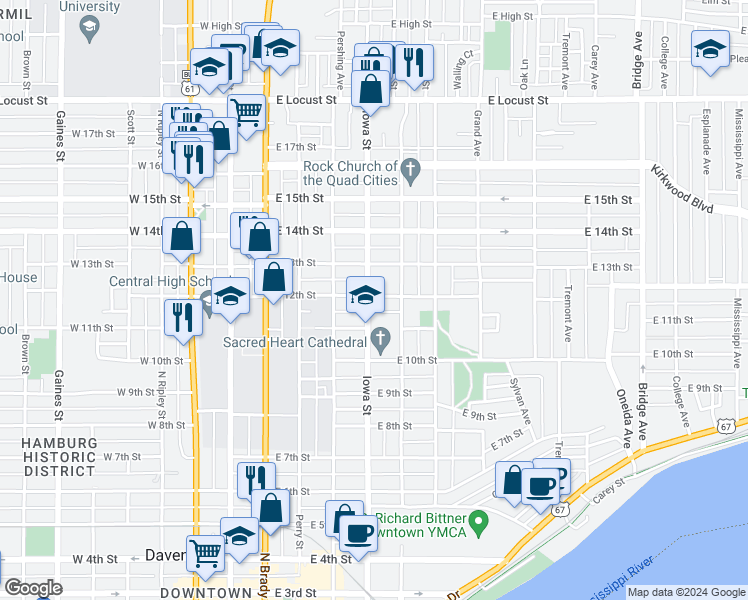 map of restaurants, bars, coffee shops, grocery stores, and more near 1129 Iowa Street in Davenport