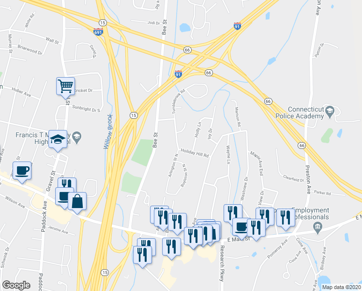 map of restaurants, bars, coffee shops, grocery stores, and more near 75 Holiday Hill Road in Meriden