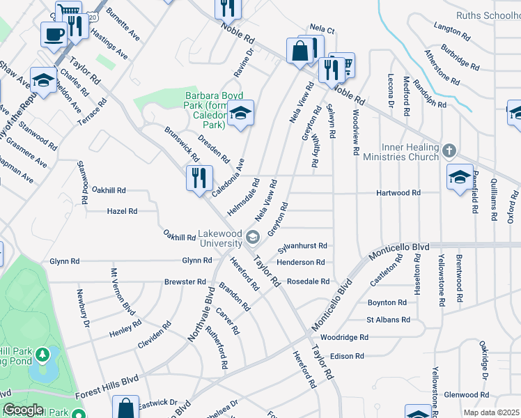map of restaurants, bars, coffee shops, grocery stores, and more near 1038 Nela View Road in Cleveland Heights