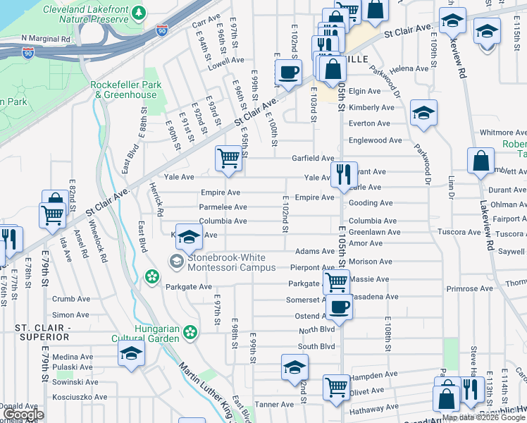 map of restaurants, bars, coffee shops, grocery stores, and more near 9608 Parmelee Avenue in Cleveland