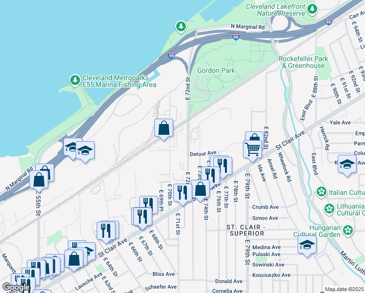 map of restaurants, bars, coffee shops, grocery stores, and more near 972-974 East 72nd Street in Cleveland
