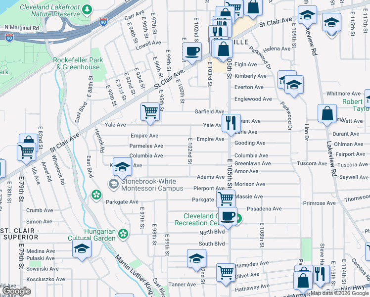 map of restaurants, bars, coffee shops, grocery stores, and more near 10102 Parmelee Avenue in Cleveland