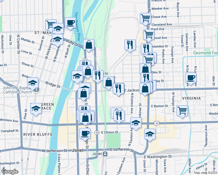 map of restaurants, bars, coffee shops, grocery stores, and more near 99 East Jackson Street in Joliet