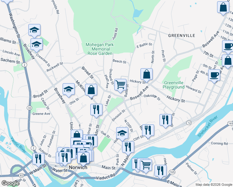 map of restaurants, bars, coffee shops, grocery stores, and more near 244 Broad Street in Norwich
