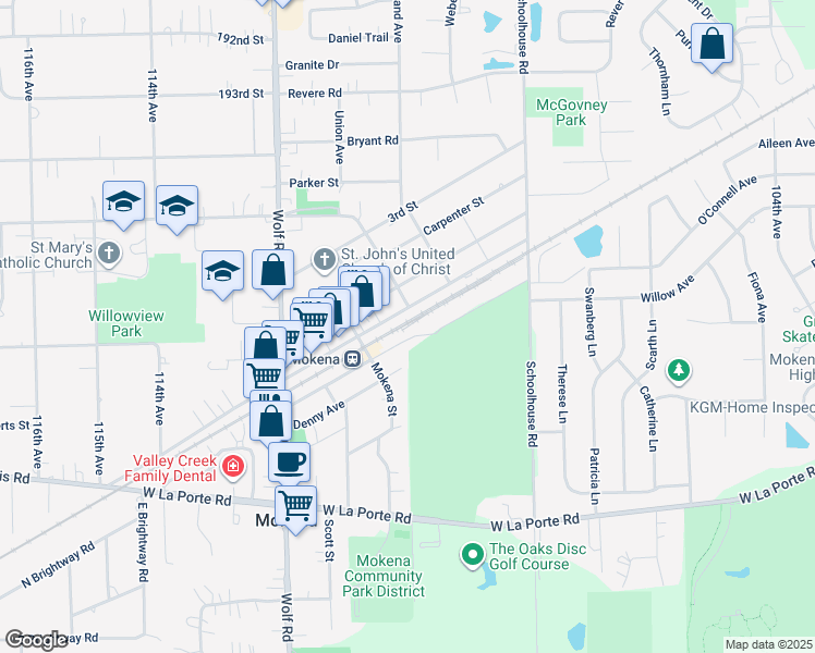 map of restaurants, bars, coffee shops, grocery stores, and more near in Mokena