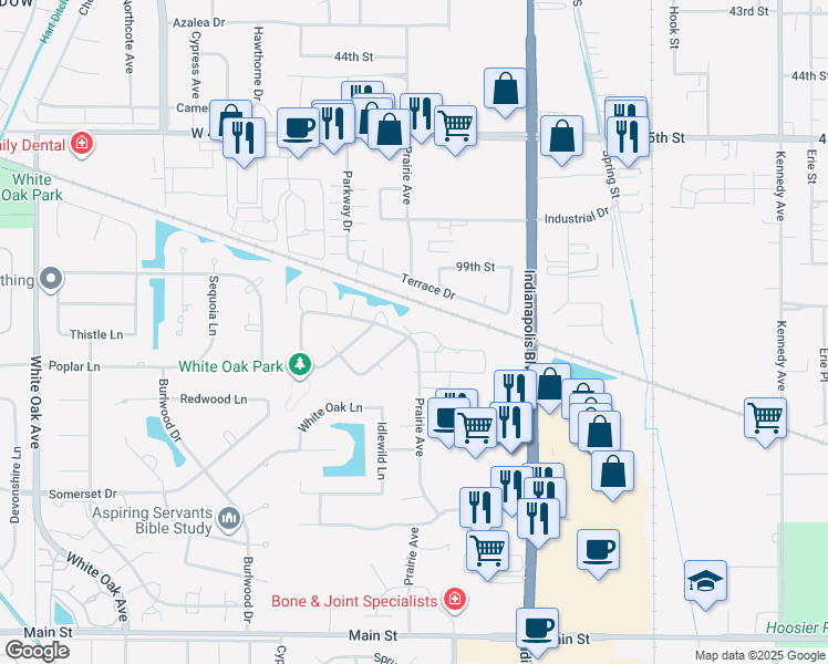 map of restaurants, bars, coffee shops, grocery stores, and more near 2205 Teakwood Circle in Highland