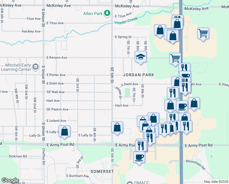 map of restaurants, bars, coffee shops, grocery stores, and more near 5725 Southeast 5th Street in Des Moines