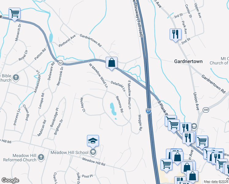 map of restaurants, bars, coffee shops, grocery stores, and more near 7 Ramona Road in Newburgh