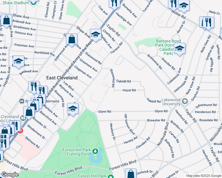 map of restaurants, bars, coffee shops, grocery stores, and more near 2004 Stanwood Road in East Cleveland