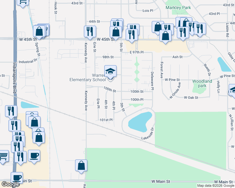 map of restaurants, bars, coffee shops, grocery stores, and more near 2934 100th Street in Highland