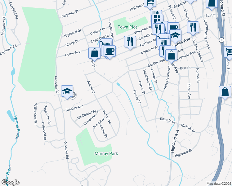 map of restaurants, bars, coffee shops, grocery stores, and more near 1 Esther Avenue in Waterbury