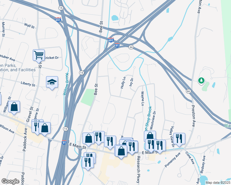 map of restaurants, bars, coffee shops, grocery stores, and more near 75 Holiday Hill Road in Meriden