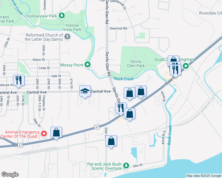 map of restaurants, bars, coffee shops, grocery stores, and more near 3620 Central Avenue in Bettendorf