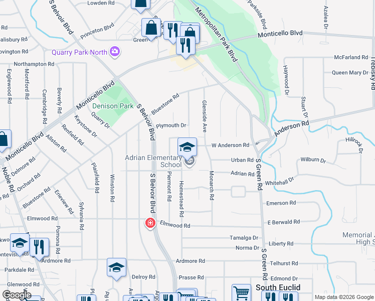 map of restaurants, bars, coffee shops, grocery stores, and more near 4262 West Anderson Road in South Euclid