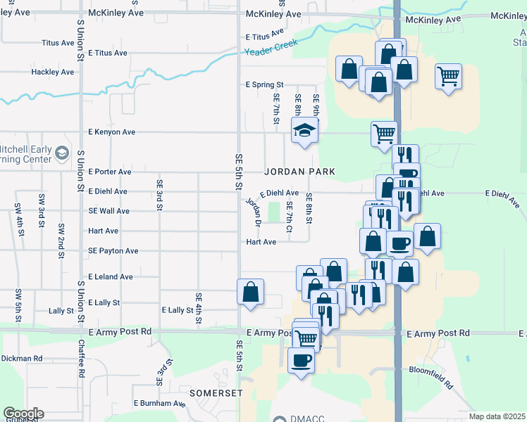 map of restaurants, bars, coffee shops, grocery stores, and more near 5725 Jordan Drive in Des Moines