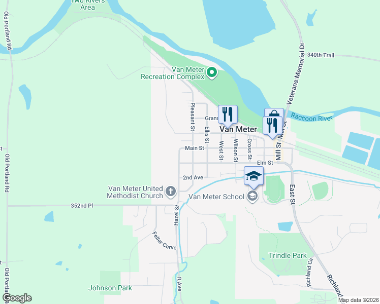 map of restaurants, bars, coffee shops, grocery stores, and more near 308 Pleasant Street in Van Meter