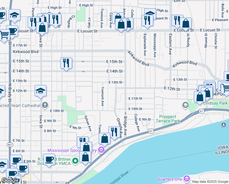 map of restaurants, bars, coffee shops, grocery stores, and more near 1132 Oneida Avenue in Davenport